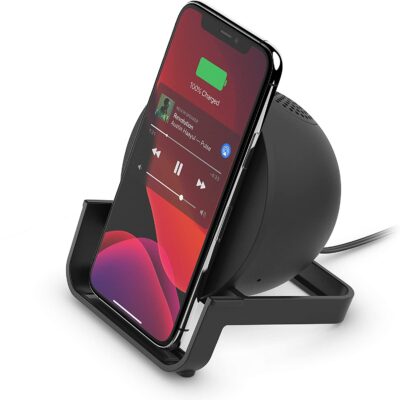 Belkin Wireless Charging Speaker (Wireless Charging Stand + Bluetooth Speaker) Charge While Taking Video Calls.