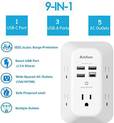 USB Wall Charger Surge Protector 5 Outlet Extender with 4 USB Charging Ports (1 USB C Outlet) 3 Sided 1800J Power Strip Multi Plug Outlets Wall Adapter Spaced for Home Travel Office ETL Listed  Electronics - Image 2