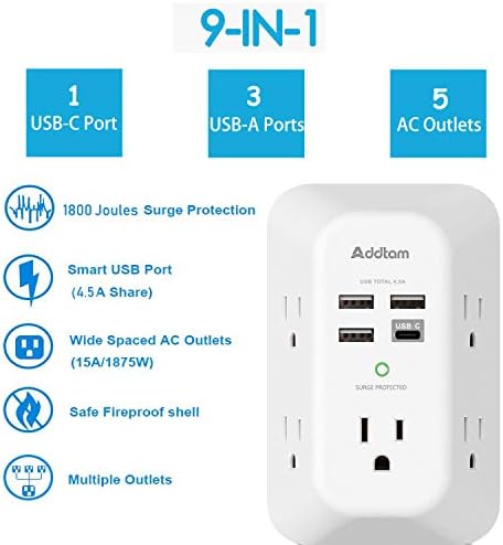 USB Wall Charger Surge Protector 5 Outlet Extender with 4 USB Charging Ports (1 USB C Outlet) 3 Sided 1800J Power Strip Multi Plug Outlets Wall Adapter Spaced for Home Travel Office ETL Listed  Electronics - Image 2