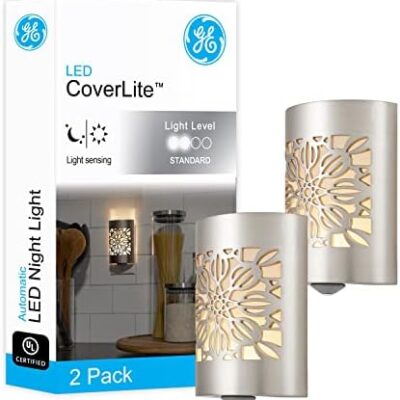 GE CoverLite LED Night Light, Decorative, Plug-In, Smart Dusk-to-Dawn Sensor, Home Décor, Ideal for Bedroom, Bathroom, Kitchen, Hallway, UL-Certified, 46817, Brushed Nickel | Floral –
