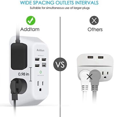 USB Wall Charger Surge Protector 5 Outlet Extender with 4 USB Charging Ports (1 USB C Outlet) 3 Sided 1800J Power Strip Multi Plug Outlets Wall Adapter Spaced for Home Travel Office ETL Listed  Electronics - Image 3