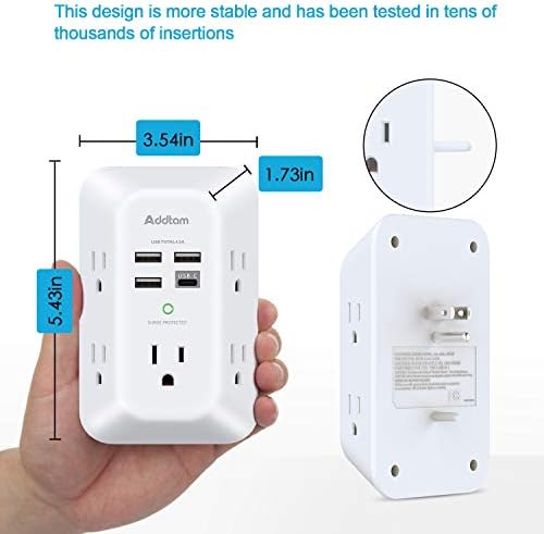 USB Wall Charger Surge Protector 5 Outlet Extender with 4 USB Charging Ports (1 USB C Outlet) 3 Sided 1800J Power Strip Multi Plug Outlets Wall Adapter Spaced for Home Travel Office ETL Listed  Electronics - Image 6