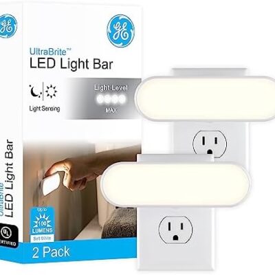 GE Ultrabrite LED Light Bar Night Light, 100 Lumens, 2 Pack, Dusk-to-Dawn Sensor, Auto/On/Off Switch, Plug-in, Ideal for Dark Spaces, Bedroom, Bathroom, Kitchen, Hallway, Garage, White, 46707 –